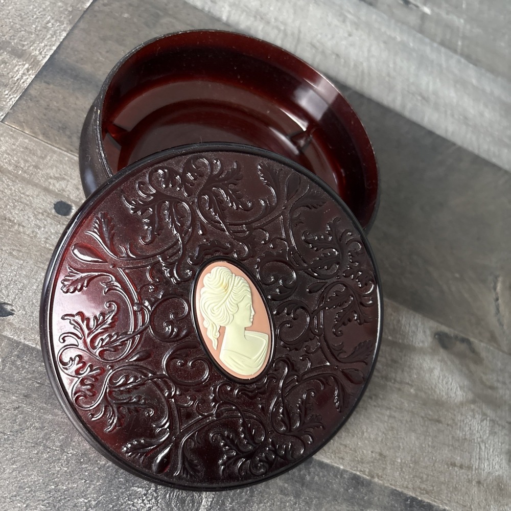 Vintage Avon Beauty Deep Red/Brown Plastic Cameo Powder Box Empty 5.5" Diameter
